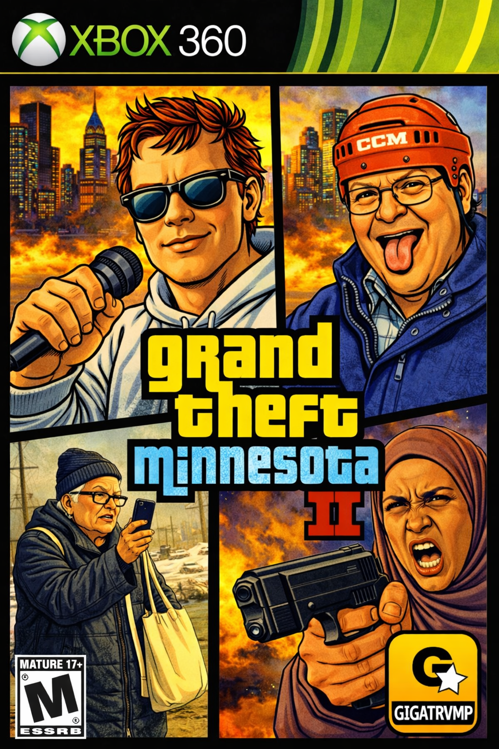 Close-up of GTAII Minnesota parody print on hoodie – classic 3x3 GTA V Xbox 360 collage style satire