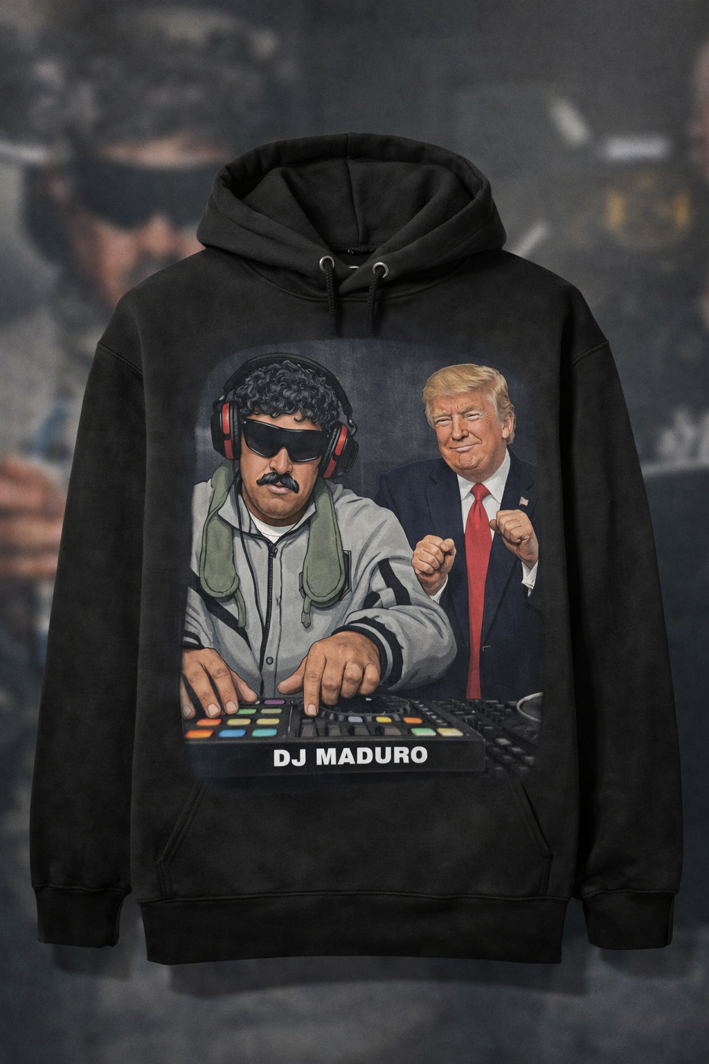 DJ Maduro Funny Meme Pullover Hoodie - Nicolás Maduro as DJ Graphic Black Hoodie