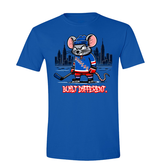 Big City Rats T-Shirt featuring a fierce cartoon rat in New York Rangers gear with NYC skyline in the background. Perfect hockey fan apparel for Rangers supporters