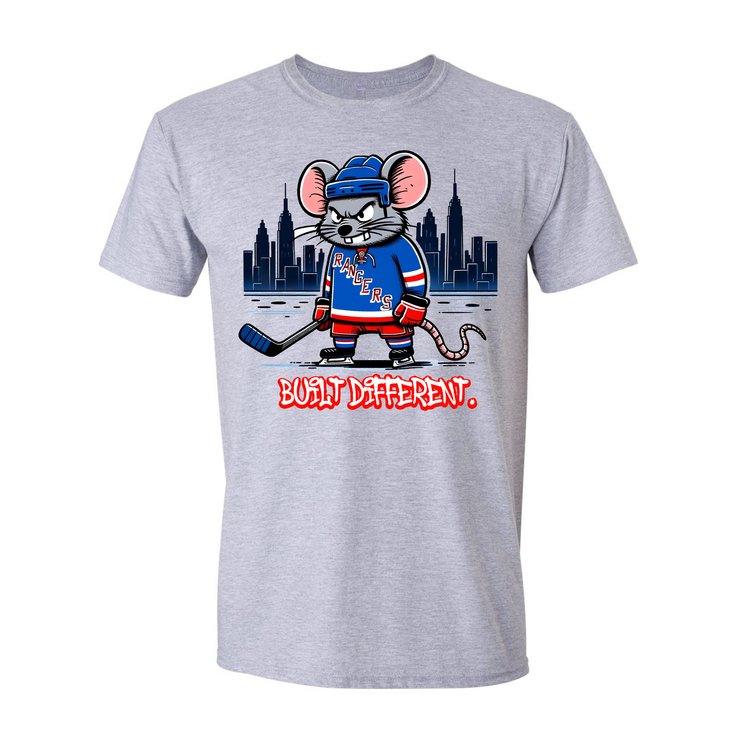 Big City Rats T-Shirt featuring a fierce cartoon rat in New York Rangers gear with NYC skyline in the background. Perfect hockey fan apparel for Rangers supporters