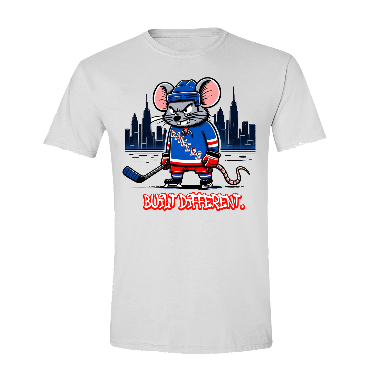 Big City Rats T-Shirt featuring a fierce cartoon rat in New York Rangers gear with NYC skyline in the background. Perfect hockey fan apparel for Rangers supporters