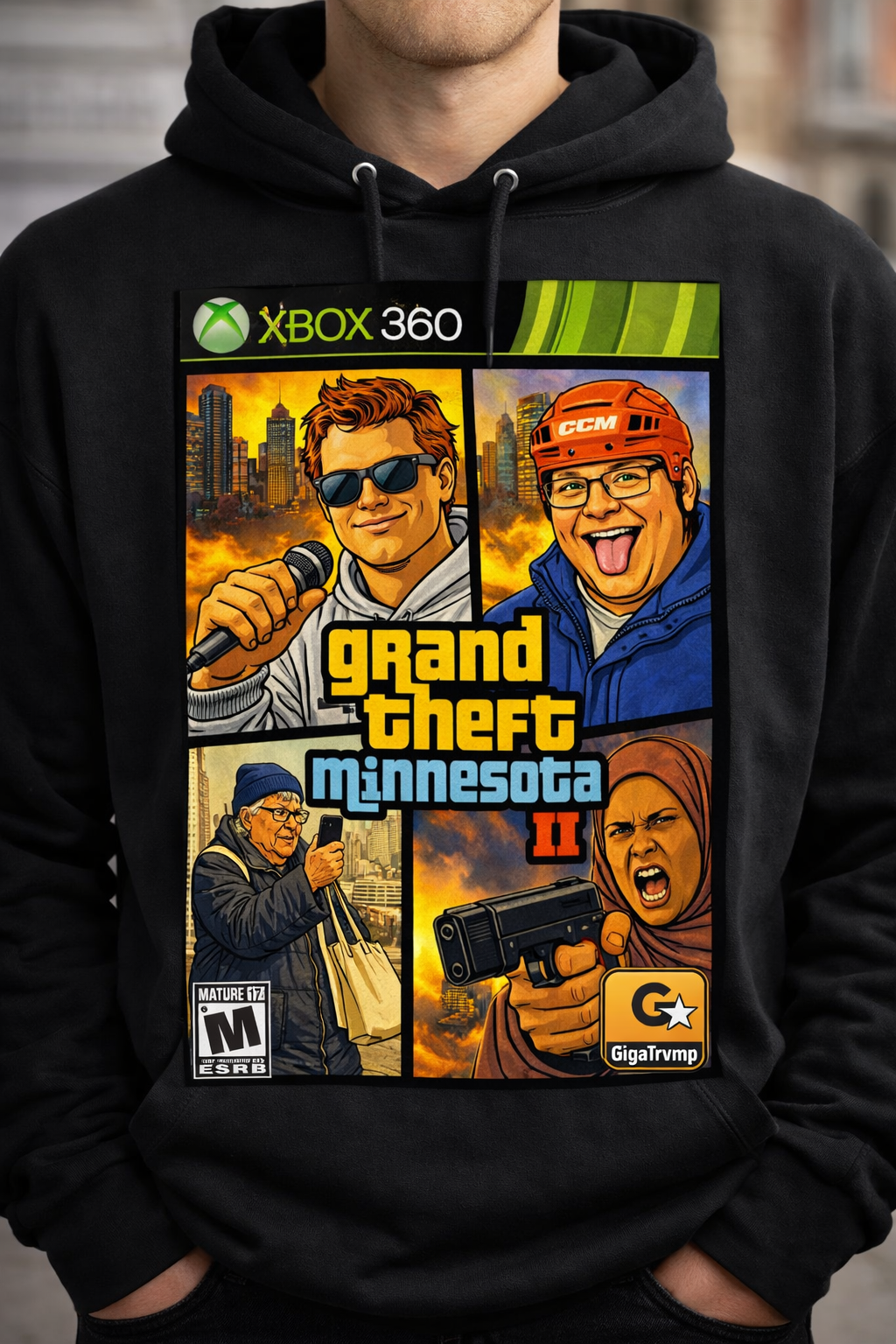 Male model in black limited edition GTAII Minnesota parody hoodie featuring Xbox 360-era fraud satire print supporting Nick Shirley