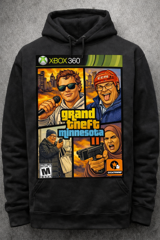 Front view of GTAII Minnesota Nick Shirley exposé parody hoodie